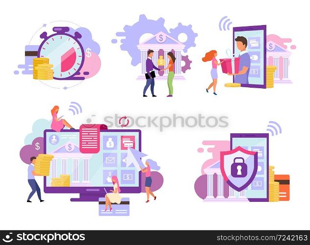 Banking account flat vector illustrations set. Customized solutions and high protection services. Mobile deposits, instant e payments concepts. Bill pay, online investments, money transfer metaphors