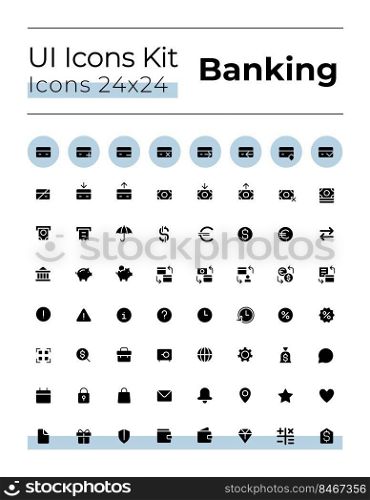 Banking and finance black glyph ui icons set. Credit card. Silhouette symbols on white space. Solid pictograms for web, mobile. Isolated vector illustrations. Montserrat Bold, Light fonts used. Banking and finance black glyph ui icons set