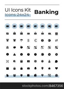 Banking and finance black glyph ui icons set. Credit card. Silhouette symbols on white space. Solid pictograms for web, mobile. Isolated vector illustrations. Montserrat Bold, Light fonts used. Banking and finance black glyph ui icons set
