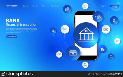 Banking and Finance by mobile phone concept. digital connect system. Financial and Banking technology with integrated circles, glowing line icons and on blue background. vector design.