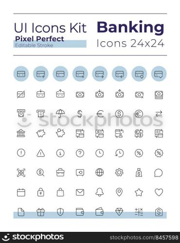 Banking and finance pixel perfect linear ui icons set. Credit card operations. Money and currency. Outline isolated user interface elements. Editable stroke. Montserrat Bold, Light fonts used. Banking and finance pixel perfect linear ui icons set