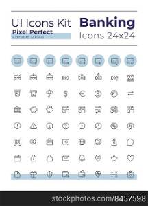 Banking and finance pixel perfect linear ui icons set. Credit card operations. Money and currency. Outline isolated user interface elements. Editable stroke. Montserrat Bold, Light fonts used. Banking and finance pixel perfect linear ui icons set