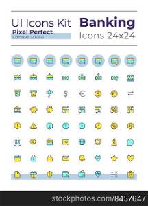 Banking and finance pixel perfect RGB color ui icons set. Credit card operations. GUI, UX design for mobile app. Vector isolated pictograms. Editable stroke. Montserrat Bold, Light fonts used . Banking and finance pixel perfect RGB color ui icons set