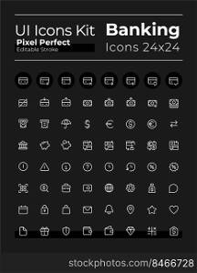 Banking and finance white glyph ui icons set for dark mode. Silhouette symbols on black background. Solid pictograms for web, mobile. Vector isolated illustrations. Montserrat Bold, Light fonts used. Banking and finance white glyph ui icons set for dark mode