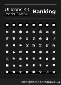 Banking and finance white glyph ui icons set for dark mode. Silhouette symbols on black background. Solid pictograms for web, mobile. Vector isolated illustrations. Montserrat Bold, Light fonts used. Banking and finance white glyph ui icons set for dark mode