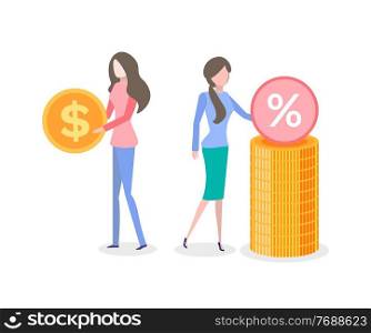 Banking and financial assets vector, woman with money gold coin with dollar sign isolated people dealing with wealth and profit of business project. Woman Holding Dollar Coin, Pile of Money Deposit