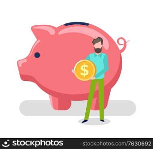 Banking and investment concept, man holding gold coin of American currency stable dollar assets, male near big pink pig for keeping money. Deposit in future. Vector illustration in flat cartoon style. Man Holding Gold Coin, Pig Saving Assets of Client