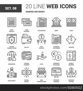 Banking and Money. Vector set of banking and money line web icons. Each icon with adjustable strokes neatly designed on pixel perfect 64X64 size grid. Fully editable and easy to use.