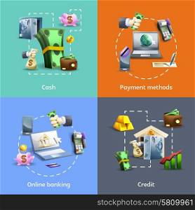 Banking and payment icons set. Banking and payment methods cartoon icons set with online operations and credit isolated vector illustration
