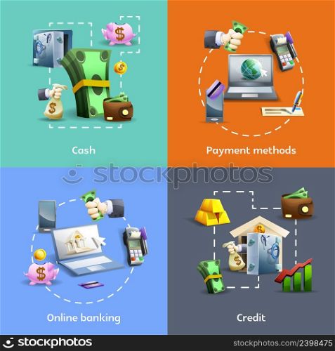 Banking and payment methods cartoon icons set with online operations and credit isolated vector illustration . Banking and payment icons set