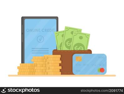 Banking business concept. Online loan confirmation. A phone with a confirmed bank loan on the screen, a stack of money, a credit card and a wallet with dollar bills. Vector illustration in a flat style.. Banking business concept. Online loan confirmation. Vector illustration in a flat style.
