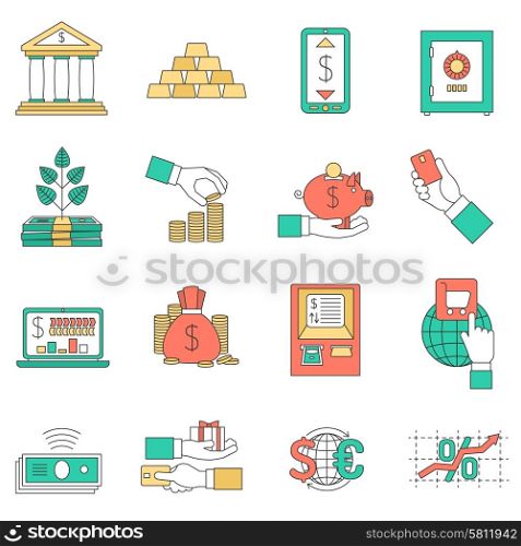 Banking business with exchange rates cash and credit cards icons set flat isolated vector illustration . Banking business icons set