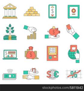 Banking business with exchange rates cash and credit cards icons set flat isolated vector illustration . Banking business icons set
