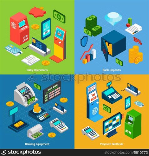 Banking design concept set with daily operations deposits equipment payment methods isometric icons isolated vector illustration. Isometric Banking Set