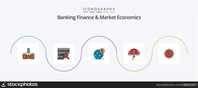 Banking Finance And Market Economics Line Filled Flat 5 Icon Pack Including finance. international. chart. globe. global