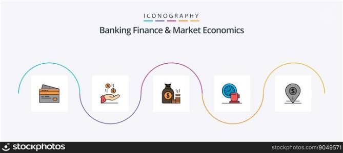 Banking Finance And Market Economics Line Filled Flat 5 Icon Pack Including gold. bank. hand. bag. charity