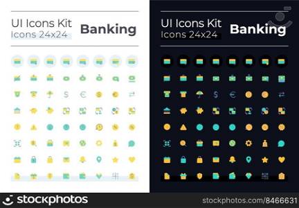 Banking flat color ui icons set for dark, light mode. Money transactions and operations. GUI, UX design for mobile app. Vector isolated RGB pictograms. Montserrat Bold, Light fonts used. Banking flat color ui icons set for dark, light mode