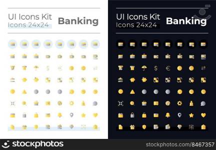 Banking flat gradient color ui icons set for dark, light mode. Money transactions and operations. Vector isolated RGB pictograms. GUI, UX design for web, mobile. Montserrat Bold, Light fonts used. Banking flat gradient color ui icons set for dark, light mode