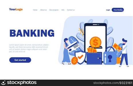 Banking flat landing page template with header. Financial online service web banner, homepage design. E-pay, contactless payments vector illustration. Personal bank account, e-commerce concept