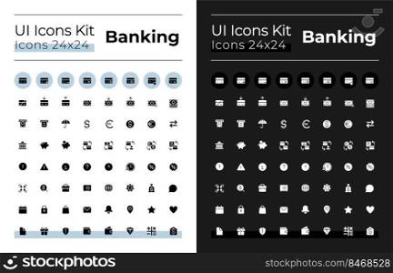 Banking glyph ui icons set for dark, light mode. Money transactions. Silhouette symbols for night, day themes. Solid pictograms. Vector isolated illustrations. Montserrat Bold, Light fonts used. Banking glyph ui icons set for dark, light mode