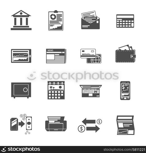 Banking icons black set with cash check investment symbols isolated vector illustration. Banking Icons Black Set