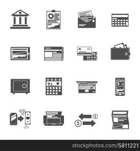 Banking icons black set with cash check investment symbols isolated vector illustration. Banking Icons Black Set