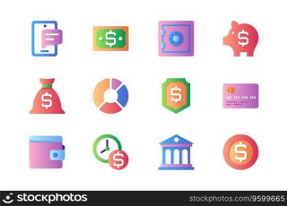 Banking icons set in color flat design. Pack of phone message, cash, money, safe, savings, piggy bank, data analysis, credit card, wallet and other. Vector pictograms for web sites and mobile app