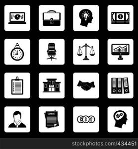 Banking icons set in white squares on black background simple style vector illustration. Banking icons set squares vector
