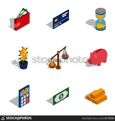 Banking icons set. Isometric 3d illustration of 9 banking vector icons for web. Banking icons, isometric 3d style