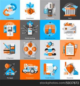 Banking icons set with investment atm credit mortgage isolated vector illustration. Banking Icons Set