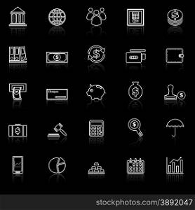 Banking line icons with reflect on black, stock vector