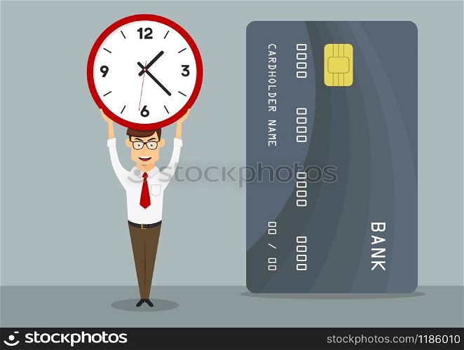 Banking manager with credit card holds clock above head, showing short period of time of credit or loan approval, for finance themes design. Cartoon flat style. Manager with fast approved credit card