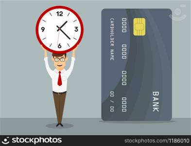 Banking manager with credit card holds clock above head, showing short period of time of credit or loan approval, for finance themes design. Cartoon flat style. Manager with fast approved credit card