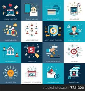 Banking marketing concept flat icons set. Online internet banking secure payments options with commercial market analysis flat icons set abstract isolated vector illustration