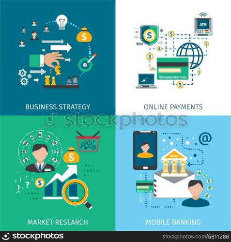 Banking Marketing Icons Set . Banking marketing icons set with business strategy online payments and mobile services flat isolated vector illustration
