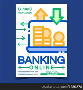 Banking Online Creative Promotion Banner Vector. Financial Management Online Transaction, Heap Of Golden Coins On Laptop Display. Bank Finance Account Concept Template Stylish Colored Illustration. Banking Online Creative Promotion Banner Vector