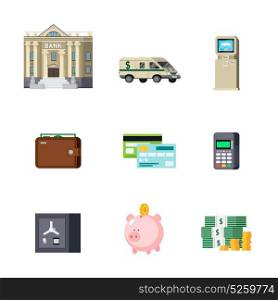 Banking Orthogonal Elements Set. Set of banking orthogonal elements including building and transport savings and cash computer technologies isolated vector illustration