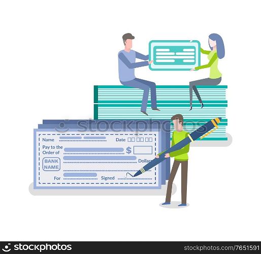 Banking people vector, man and woman with credit card flat style. Isolated person signing check with pen, credit card made of plastic bank services. People with Check and Credit Card Banking Set