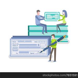 Banking people vector, man and woman with credit card flat style. Isolated person signing check with pen, credit card made of plastic bank services. People with Check and Credit Card Banking Set