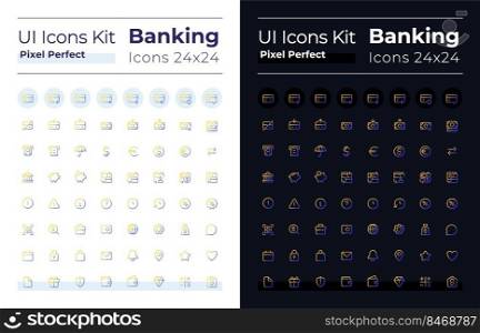 Banking pixel perfect gradient linear ui icons set for dark, light mode. Money transactions. Line contour user interface symbols. Modern style pictograms. Vector isolated outline illustrations. Banking pixel perfect gradient linear ui icons set for dark, light mode