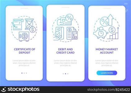 Banking products blue gradient onboarding mobile app screen. Finance walkthrough 3 steps graphic instructions with linear concepts. UI, UX, GUI template. Myriad Pro-Bold, Regular fonts used. Banking products blue gradient onboarding mobile app screen