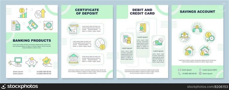Banking products green brochure template. Offers for customers. Leaflet design with linear icons. Editable 4 vector layouts for presentation, annual reports. Arial-Black, Myriad Pro-Regular fonts used. Banking products green brochure template