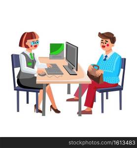 Banking Question Manager Consulting Visitor Vector. Bank Worker Talking With Client Young Businessman About Banking, Credit Or Deposit. Characters Financial Consultation Flat Cartoon Illustration. Banking Question Manager Consulting Visitor Vector