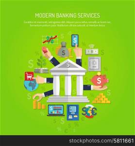 Banking service concept with human hands and flat finance icons vector illustration. Banking Concept Flat
