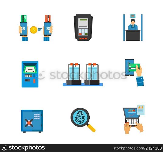 Banking service icon set. Mobile banking Dataphone Bank clerk Automated teller machine E-payment Safe protection Financial analysis. Contains bonus icons of Anti-theft sensor gates and Fingerprint