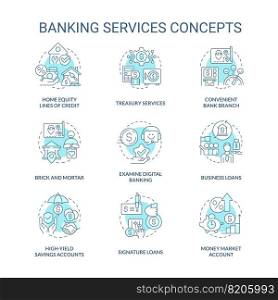 Banking services turquoise concept icons set. Financial operations. Money protection idea thin line color illustrations. Isolated symbols. Editable stroke. Roboto-Medium, Myriad Pro-Bold fonts used. Banking services turquoise concept icons set