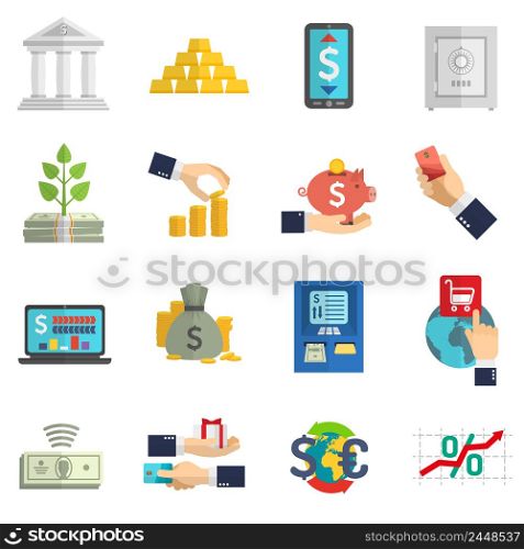 Banking system business currency cash icons set on white background isolated flat vector illustration . Banking system icons set