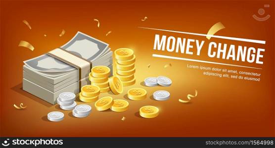 Banknote and gold coins with silver coins, mpney change concept design, on orange background, Eps 10 vector illustration