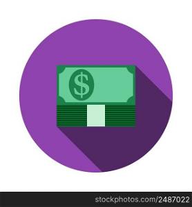 Banknote On Top Of Money Stack Icon. Flat Circle Stencil Design With Long Shadow. Vector Illustration.