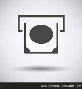 Banknote sliding from atm slot icon on gray background with round shadow. Vector illustration.. Banknote sliding from atm slot icon